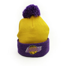 Load image into Gallery viewer, Buy NBA Los Angeles Lakers HWC Two Tone Pom Knit Beanie Hat Yellow and Purple by Mitchell and Ness - Swaggerlikeme.com / Grand General Store
