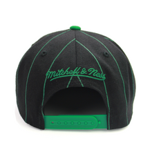 Load image into Gallery viewer, Men&#39;s Boston Celtics Mitchell &amp; Ness Team Pinstripe Snapback Hat - Black
